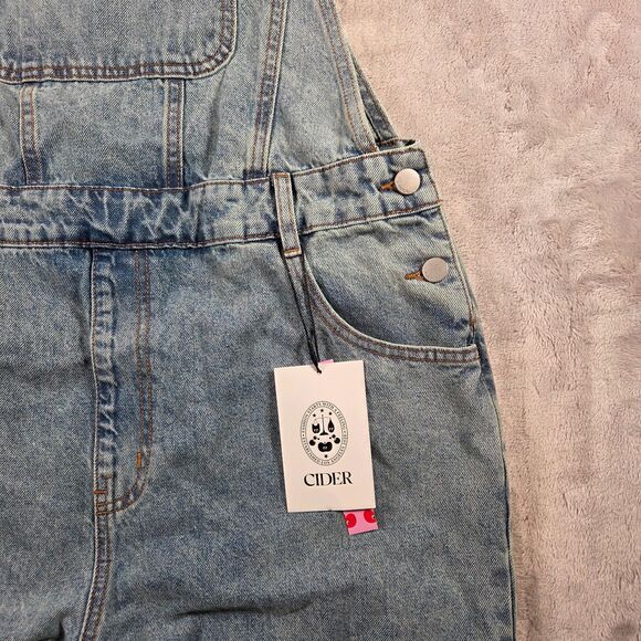 Cider Bow Knot Buckle Up Mid Rise Wide Leg Denim Overalls Jumpsuit Large NWT - Picture 3 of 8